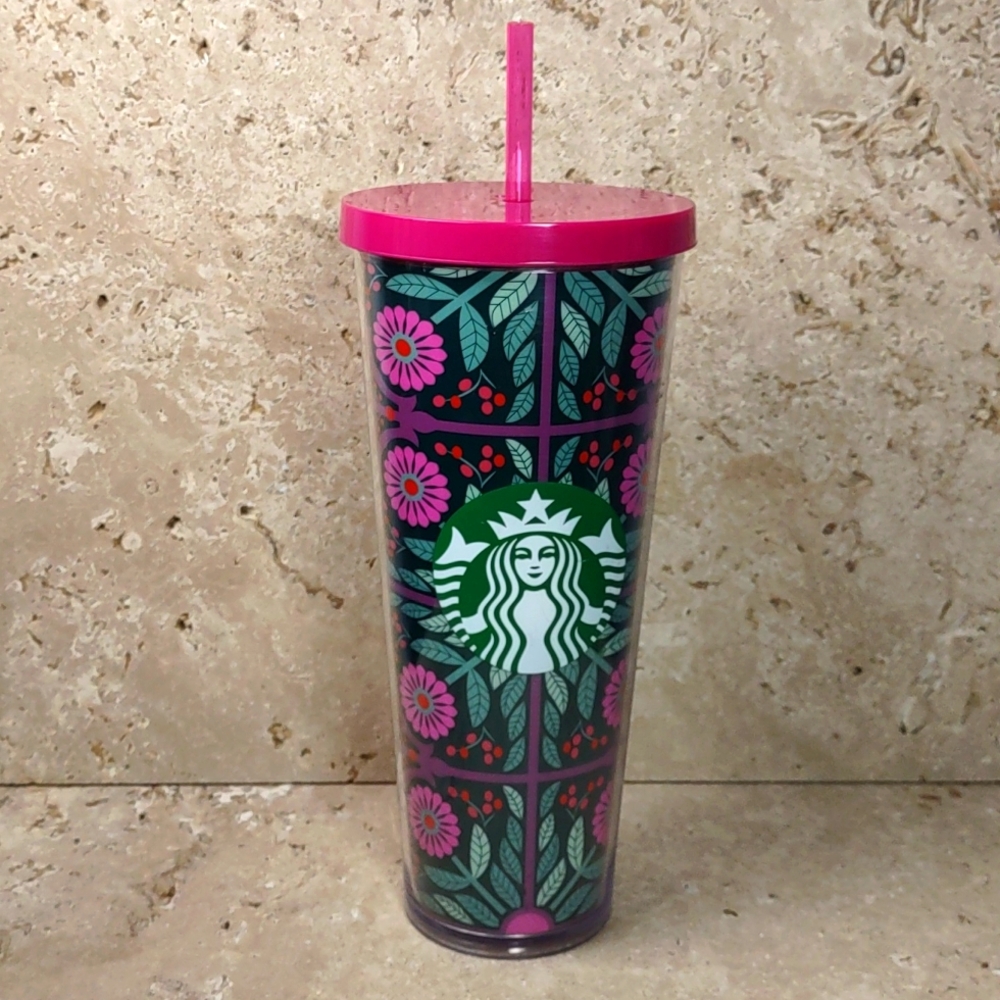 Starbucks x Arendelle Ana 2015 Fuschia Flowers 24oz Acrylic Tumbler